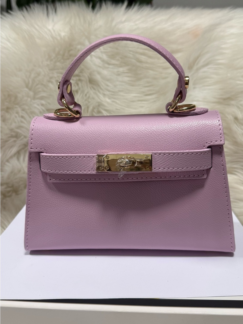 Genuine Italy Leather Structured Top Handle Bag 2 Way Lilac Pink
